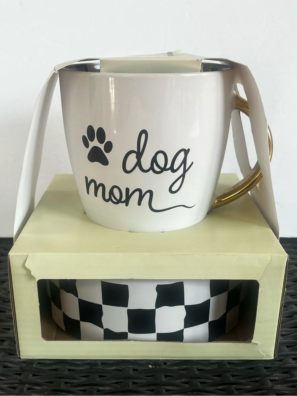 Croton White Dog Mom Ceramic Mug with Gold Handle and Black Paw
